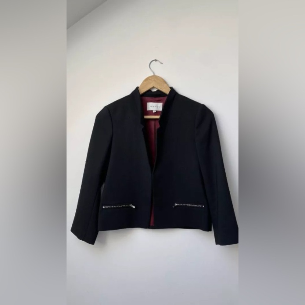 Sandro Women's Crop Jacket, Black with Burgundy Silk Lining, Size S